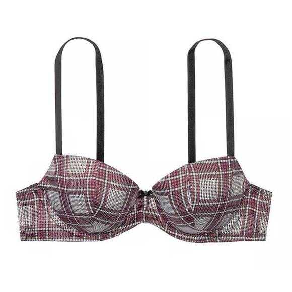 Victoria's Secret Dream Angels Lined Demi Push Up Tartan Plaid Gray Pink Bra 36D - Picture 2 of 9